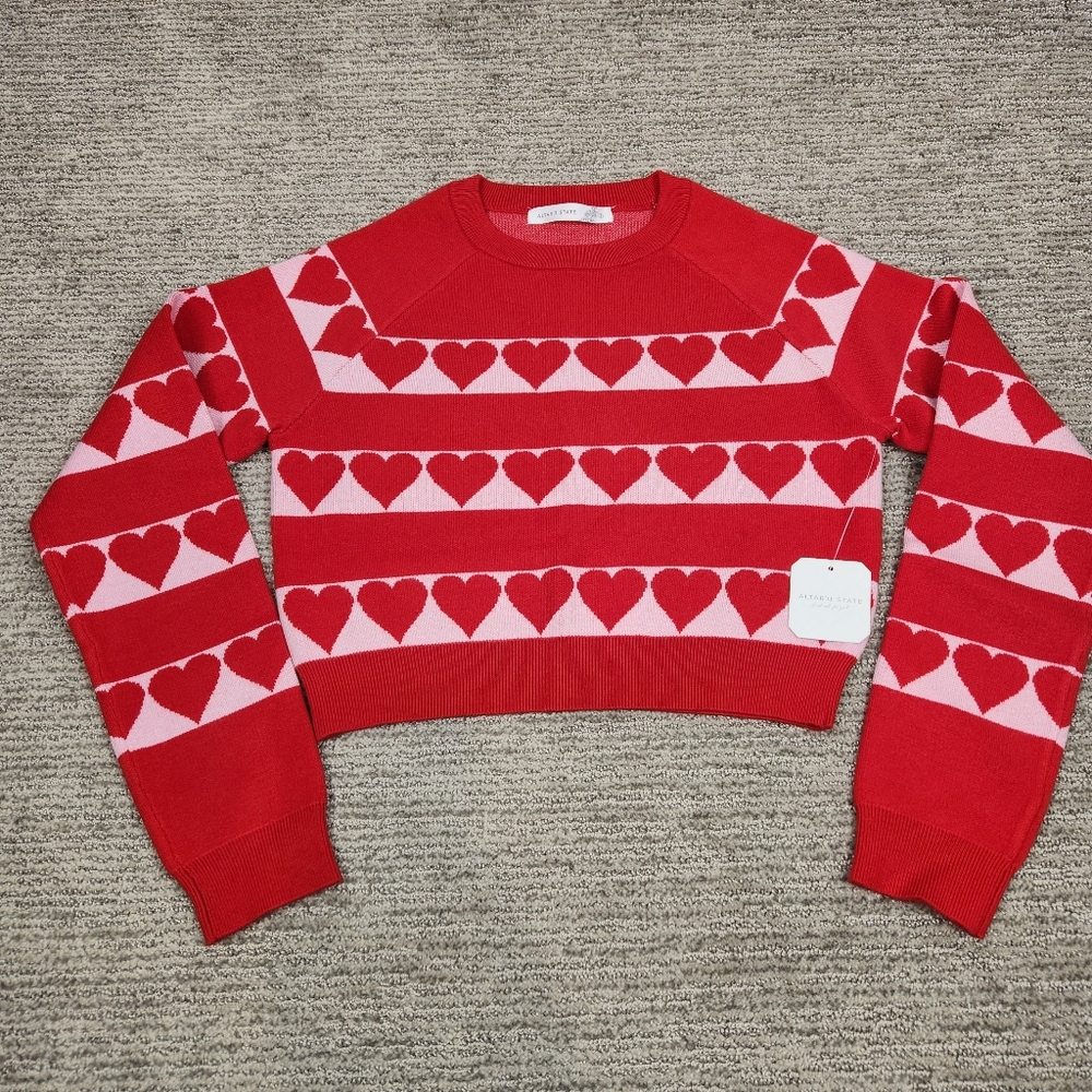 Altar'd State Red & Pink Heart Stripe Crewneck Sweater